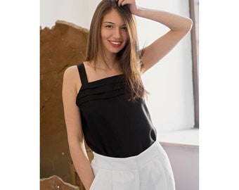 Linen Black Top with Folds, Linen Top Women, Linen Tank Top, Linen Clothing Women, Linen Blouse, Linen Tops and Tees, Linen Sleevless Top