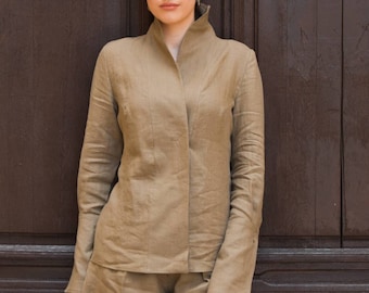 Khaki Heavy Linen Shirt High Neck Fall Linen Shirt Blouse Big Cuffs Stand Up Collar Shirt Kimono Inspired Blouse Bell Sleeve Top Minimalist