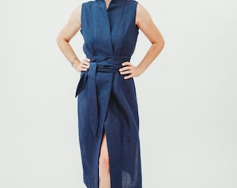 Japanese Style Linen Dress Women Navy Blue Kimono Robe Business Casual Long Vest Side Slits Work Dress Resort Wear Linen Outfit Shirt Dress