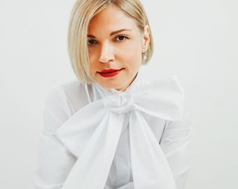 White Cotton Statement Bow Tie Minimalist Blouse Structured Fit Puffy Sleeves Shirt Convertible Bow to Long Scarf Business & Occasion Wear