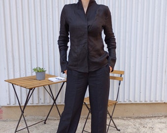 Linen Summer Maxi Pants Set - Wide Black Flowy Pants & Elegant High Collar Shirt 2-Piece Beach Wedding Outfit Linen Suit Set for Ladies