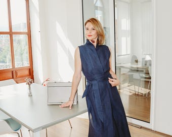 Linen Co-Ord Two Piece Set Matching Outfit Navy Blue Women Suit Shirt Dress Straight Cut Trousers Midi Kimono Style Dress Summer Flare Pants