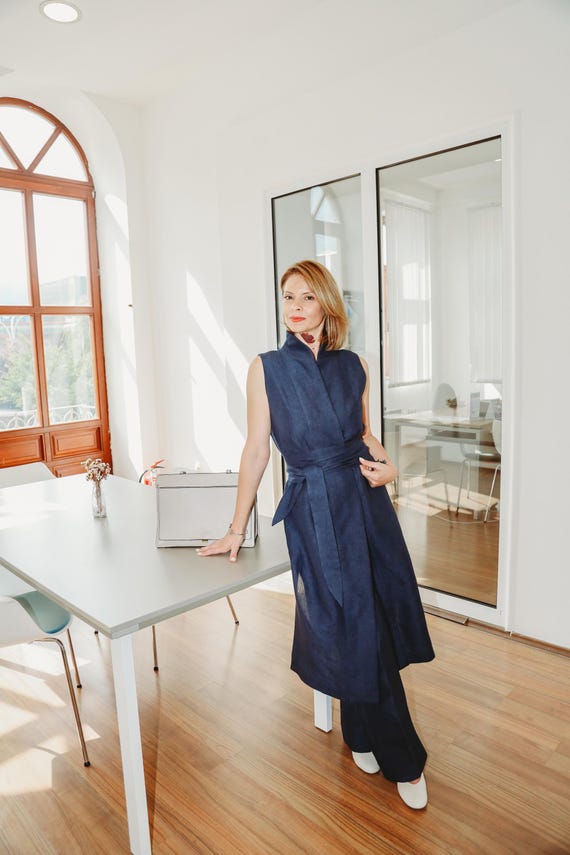 Linen Co-Ord Two Piece Set Matching Outfit Navy Blue Women Suit Shirt Dress Straight Cut Trousers Midi Kimono Style Dress Summer Flare Pants