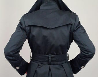 新品★ LITTLE FLARE LINE ART LONG COAT Flare A-line Black Trench Coat, Double Breasted Belted