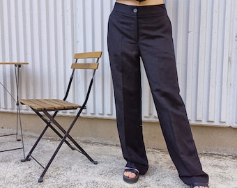 Natural Linen Straight Line Black Summer Pants, Minimalist High Waist Lightweight Pants, Relaxed Fit Wide Flowy Pants, Avantgarde Clothing