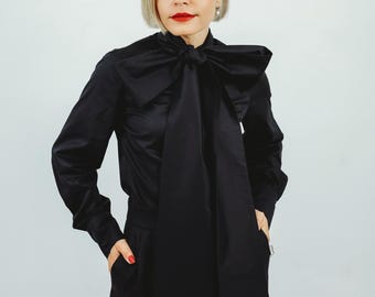 Black Cotton Statement Bow Tie Shirt Minimalist Elegant Fitted Blouse Balloon Sleeves Convertible Bow to Long Scarf Business & Occasion Wear