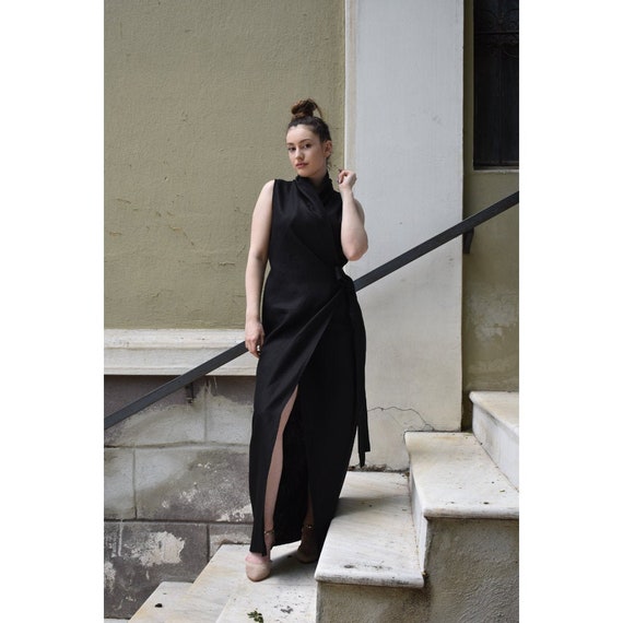 Maxi Linen Wrap-around Dress Kimono Style Full Length Black Summer Dress Japanese Style High Neck Split Linen Dress Wedding Guest Outfit