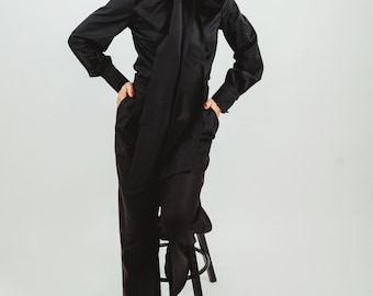 Black Cotton Statement Bow Tie Shirt Minimalist Elegant Fitted Blouse Balloon Sleeves Convertible Bow to Long Scarf Business & Occasion Wear