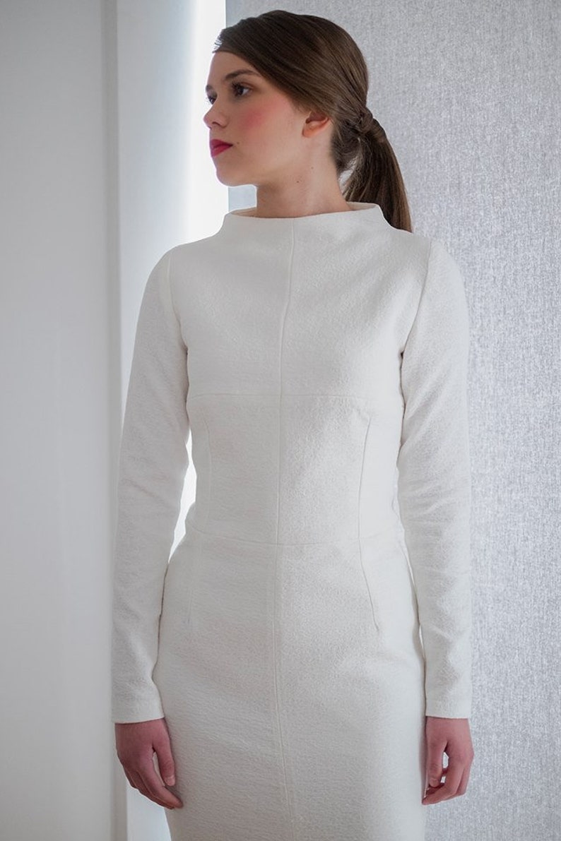 White Pencil Dress,Long Sleeve Dress,Minimalist Clothing,Fitted Cocktail Dress,Valentine Gift,Gift for her,My Valentine,Romantic Valentine image 3