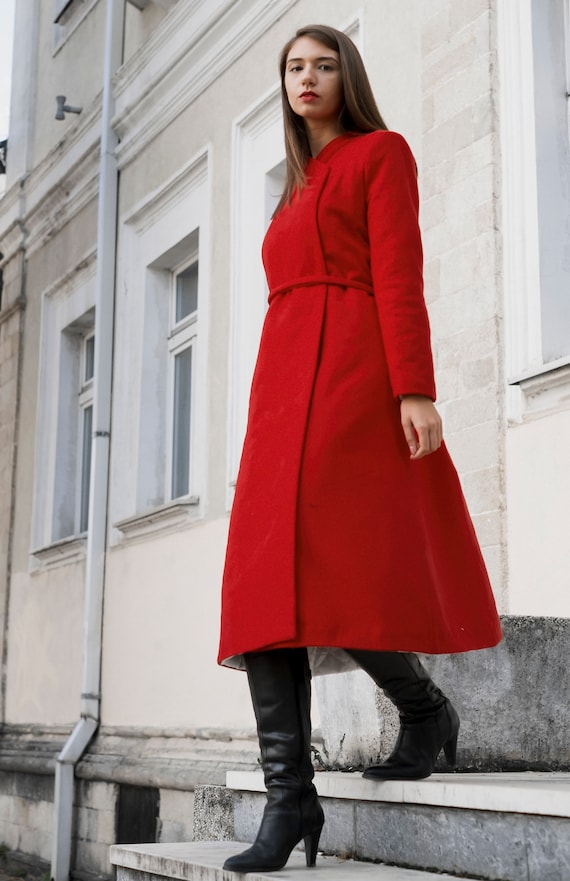 Wool Coat With Scarf Midi Red Coat 2-piece Coat Belted - Etsy Finland