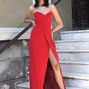 Red Evening Dress, Red Split  Dress, Long Evening Dress, Wedding Guest Dress, Heart Corset Dress, Deep Slit Dress, Elegant Cocktail Dress
