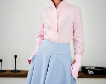 Pastel Pink Linen Shirt High Collar Summer Blouse Button Down Top Women Linen Clothing Resort Wear Summer Wedding Shirt Linen Rose Pink