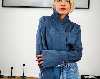 Dark Blue Linen Blended High Neck Collar Shirt Button Down Autumn Blouse Exaggerated Cuffs Linen Office Wear Ladies Navy Blue Linen Shirt