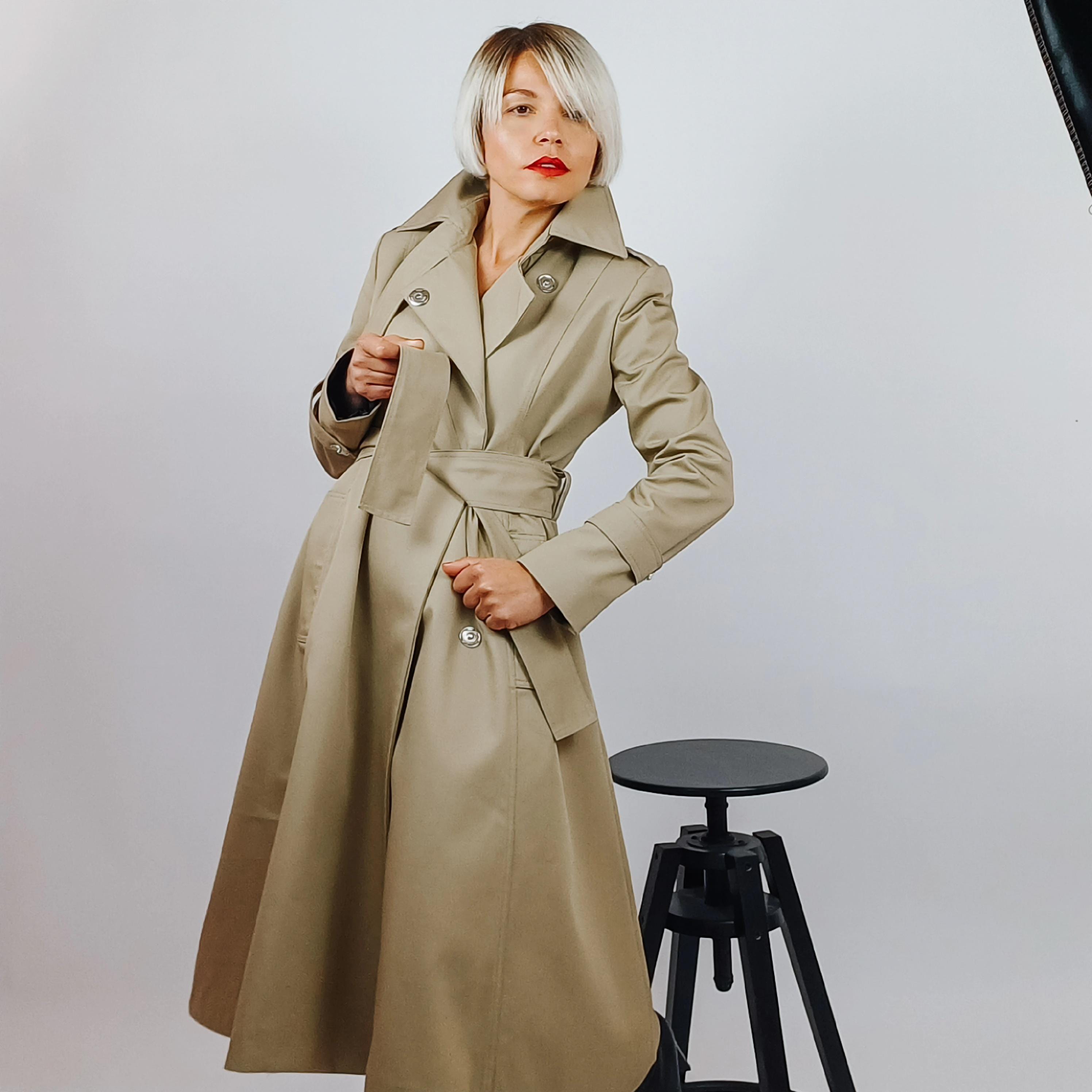 熱販売 Black A-line Flare Trench Belted Breasted Double Coat, ジャケット・アウター