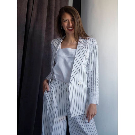 Linen Suit Blazer With Vertical Stripes, Notched Lapel White