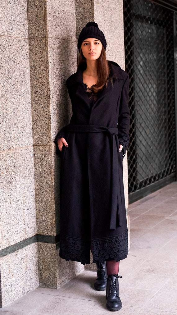 Abrigo elegante para mujer adornos de encaje abrigo negro Etsy México