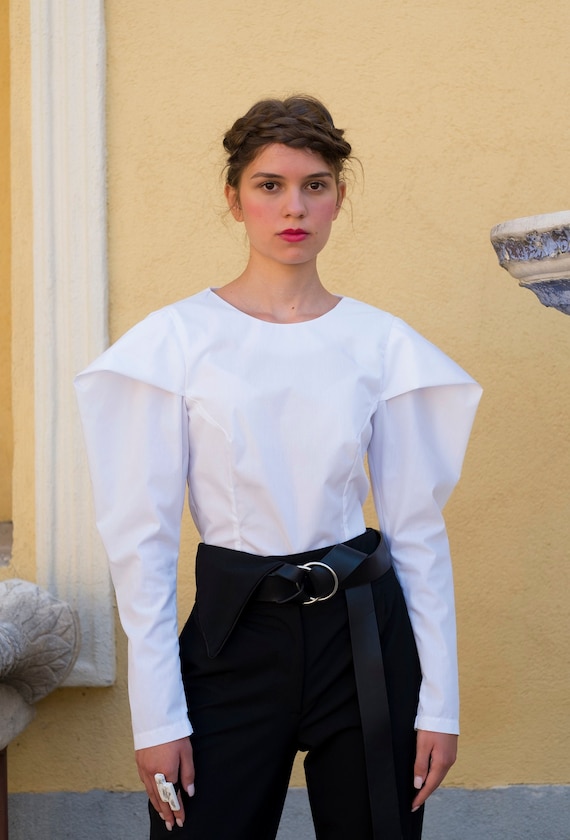 Futuristic Avantgarde White Blouse with Exaggerated Sleeves, Deconstructed Elegant Top, Extravagant Cotton Shirt, Puffed Sleeves Blouse