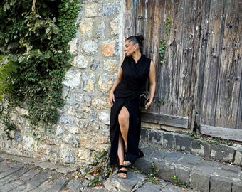 Black Linen Wrap Dress – Floor Length Maxi Fall Dress Draped Linen Autumn Wedding Guest Halterneck Dress Avant-Garde Overlapping Kimono Gown