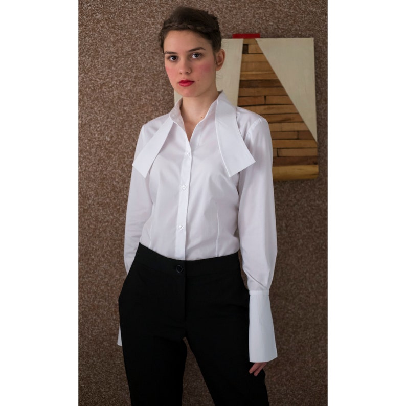 Elegant Women's Shirt With Tie Collar White Cotton Shirt Etsy