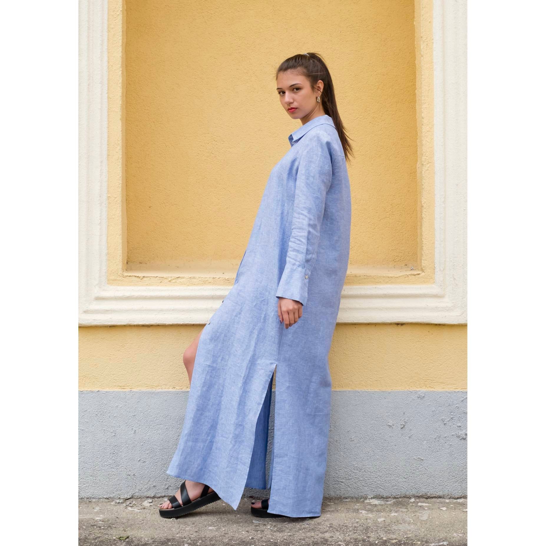 Oversize Maxi Linen Shirt Dress, Floor Length Button Down Summer Dress, Long Linen Chic Dress