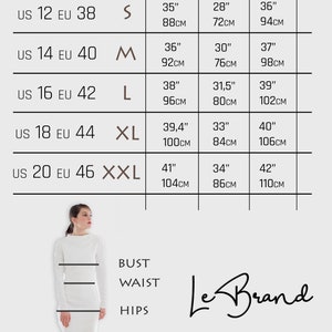 Puede incluir: Tabla de tallas de ropa con medidas de busto, cintura y cadera en pulgadas y cent&iacute;metros. Tallas US 12 a US 20, EU 38 a EU 46, y tallas S a XXL. Se muestra una mujer con un vestido blanco.
