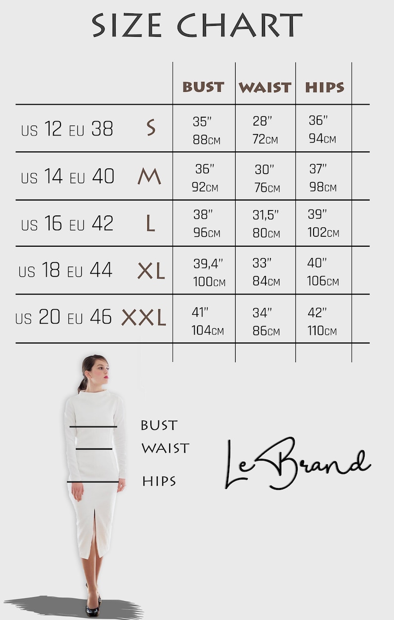 Puede incluir: Tabla de tallas de ropa con medidas de busto, cintura y cadera en pulgadas y cent&iacute;metros. Tallas US 12 a US 20, EU 38 a EU 46, y tallas S a XXL. Se muestra una mujer con un vestido blanco.