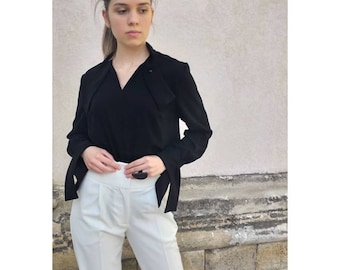 Elegant Black Bow Collar Blouse, V- Neck Extravagant Cuffs Suit Top Blouse, Feminine Viscose Flawless Blouse, Formal  Spring Outfit Shirt