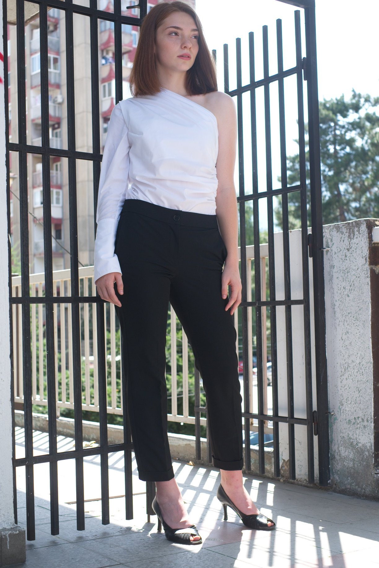 Women Coord Set 2 Piece Set White Cotton Shirt One Sleeve Etsy 日本