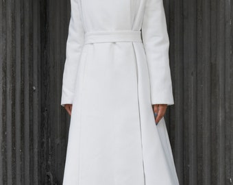 A-line Coat, Midi White Coat, Fit and Flare Coat, Belted Wool Coat, Extravagant Coat, Avantgarde Clothing, Elegant Wool Jacket, Loose Coat