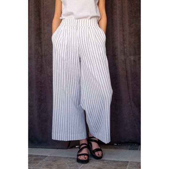 Elastic Waist White & Black Linen Culottes, Stripe Cocoon Trousers