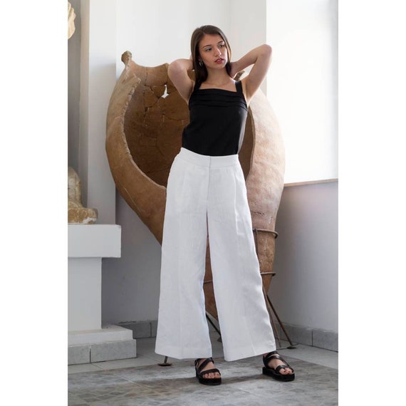 Pure White Linen Culottes Pants, Wide Leg Pleated Summer Pants, Tailored  Classy Ladies Pants, Palazzo Gaucho Style Pants,linen Pockets Pants -   Canada