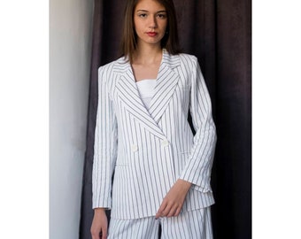 Blazer de lino con rayas verticales, abrigo cruzado blanco con