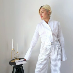 Pure White Eccentric Linen Blend Shirt with Lantern Sleeves & Stand Up Collar, Modern Summer Japanese Style Blouse Top, Wedding Guest Top