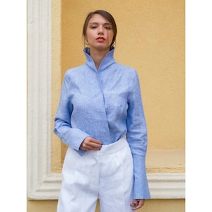 Baby Blue Stand Collar Linen Shirt, Button Down Summer Ladies Elegant Blouse, Japanese Kimono Inspired Linen Top with Exaggerated Cuffs