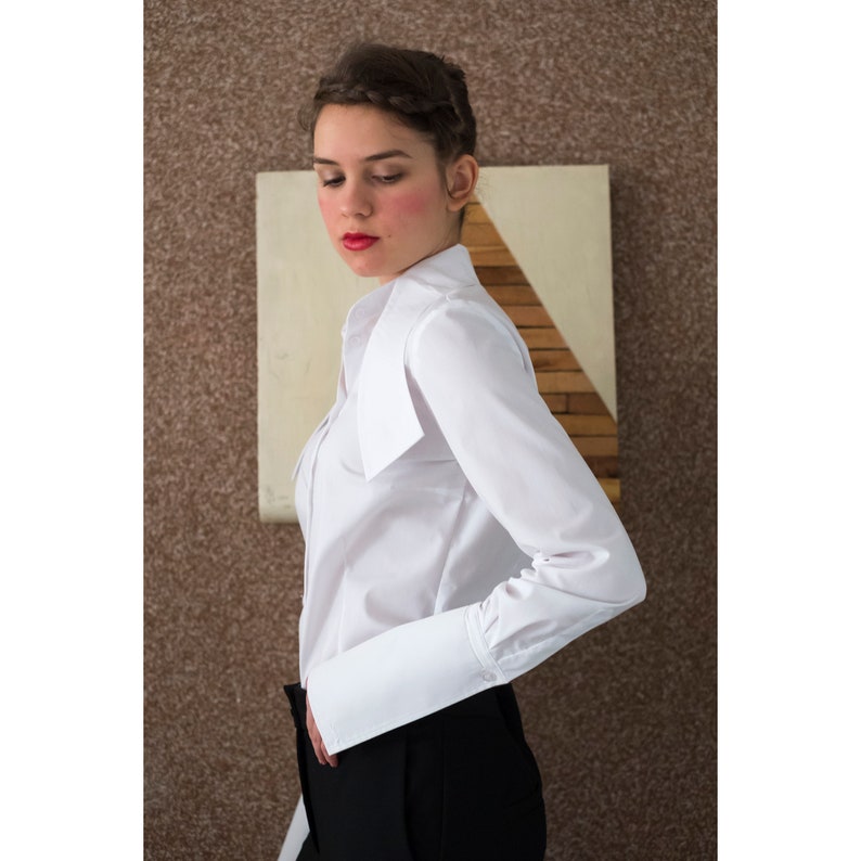 Elegant Women's Shirt With Tie Collar White Cotton Shirt Etsy