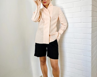 Light Orange High Neck Linen Kimono Inspired Shirt Light Weight Summer Blouse Button Down Linen Clothing Women Avant-garde Linen Shirt Pink