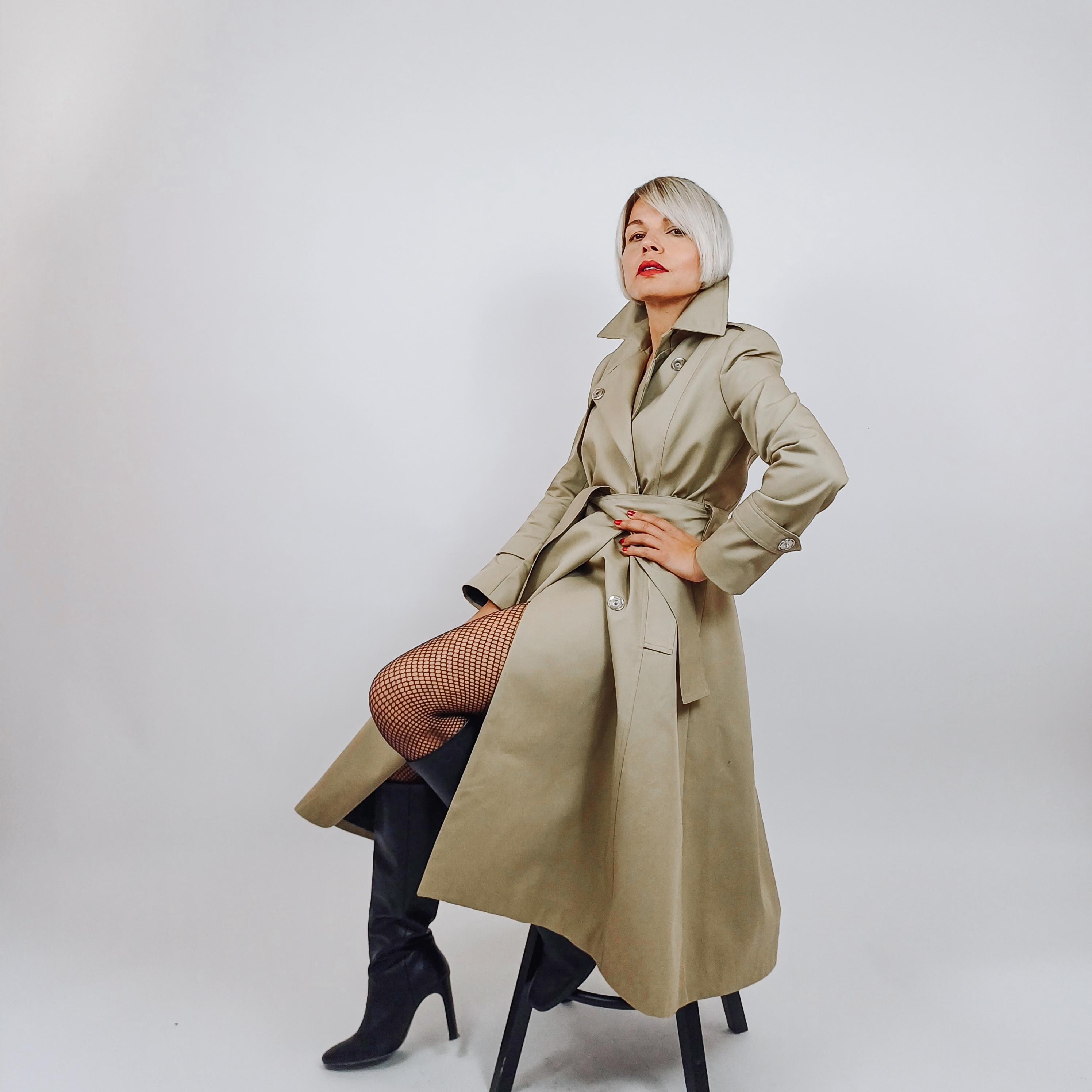 Classic Double Brested A-line Trench Coat, Pleated Back