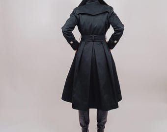 Flare A-line Black Trench Coat, Double Breasted Belted