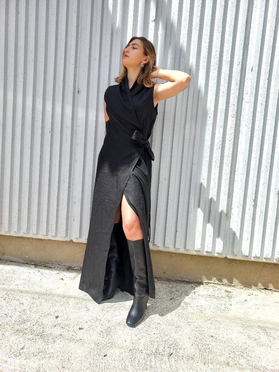 Maxi Linen Wrap Around Dress, Kimono Style Full Length Black