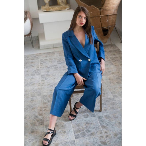 Traje de lino para mujer, conjunto de lino, conjunto de lino azul, chaqueta  de lino, pantalones de lino, ropa de lino mujeres, ropa de lino, lino  suave, traje de lino 