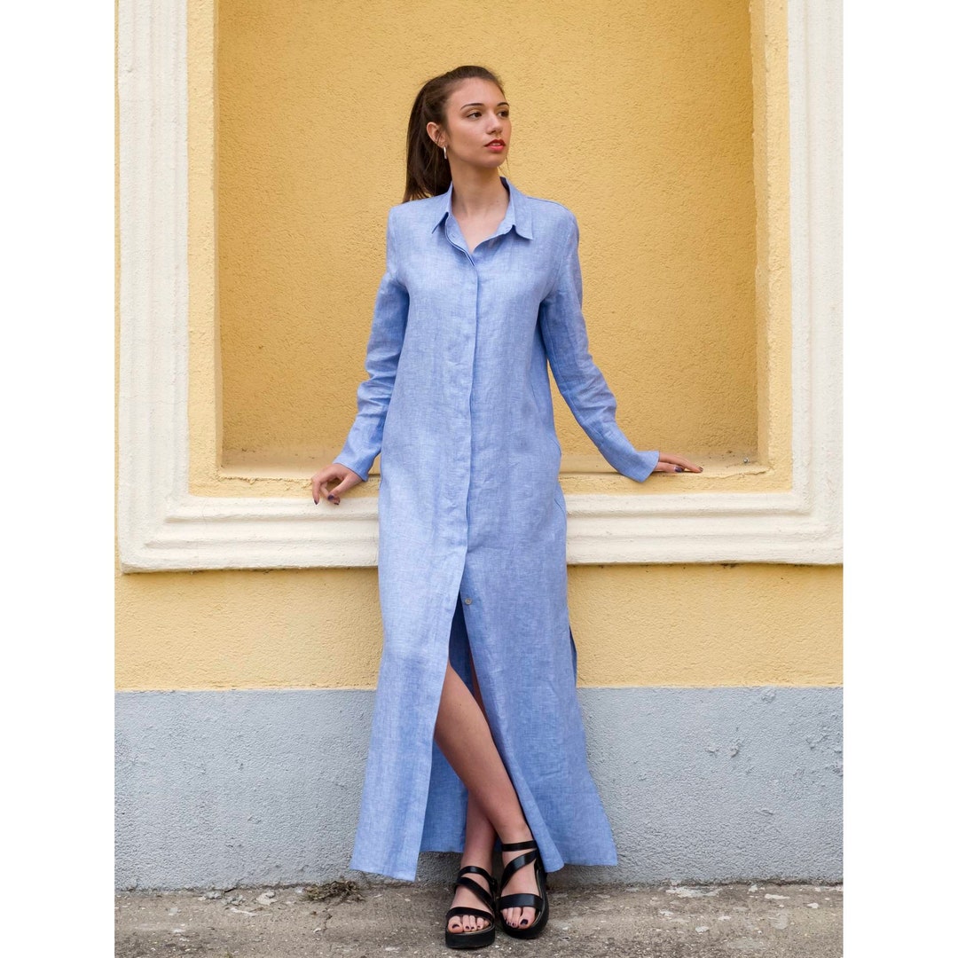 Oversize Maxi Linen Shirt Dress, Floor Length Button Down Summer Dress, Long Linen Chic Dress