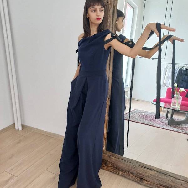 Dark Blue Jumpsuit with Asymmetrical Neckline, Flare Wide Legs Jumpsuit, Formal Event Overalls, Elegant Maxi Jumpsuit, Navy Blue Jumpsuit