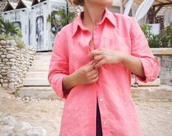 Coral Pink Linen Blouse with Pocket Linen Shirt Button Down Linen Summer Top Lightweight Linen Loose Fit Blouse Resort Wear Linen Clothes