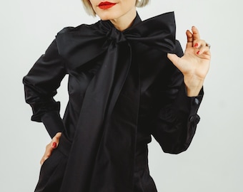 Black Cotton Statement Bow Tie Shirt Minimalist Elegant Fitted Blouse Balloon Sleeves Convertible Bow to Long Scarf Business & Occasion Wear