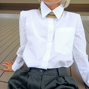 White Cotton Relaxed Fit Shirt - Back Box Pleat & Single Front Chest Pocket Shirt Simple Flare Poplin Blouse Minimalist Button Down Shirt