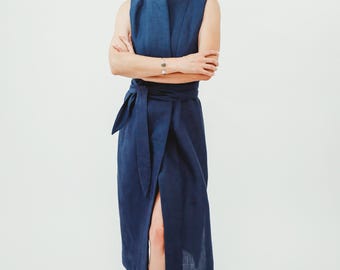 Japanese Style Linen Dress Women Navy Blue Kimono Robe Business Casual Long Vest Side Slits Work Dress Resort Wear Linen Outfit Shirt Dress
