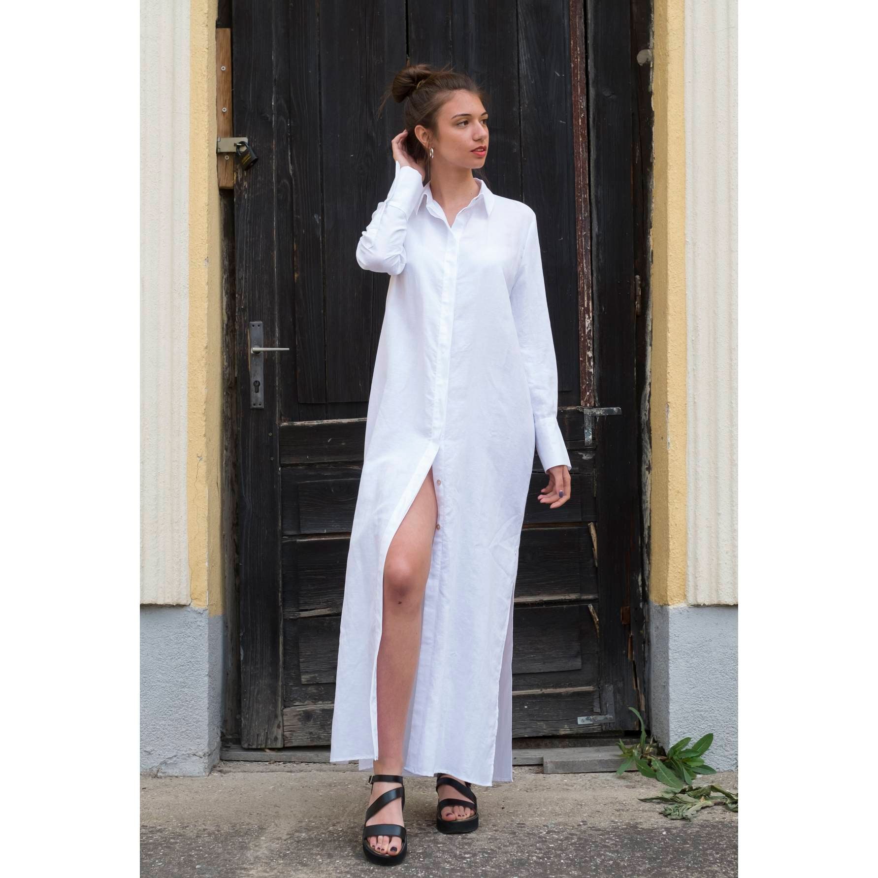 Button Down Maxi Linen Shirt Dress With Side Slits Oversized