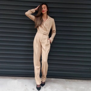 Fit and Flare Beige Maxi Formal Jumpsuit, Summer Cocktail Elegant Overalls, Wedding Guest Outfit, Wrap Around Suit Jumpsuit, Petite Clothing