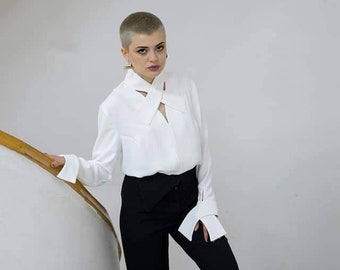 Bow Collar Shirt, Statement Blouse, Off-White Blouse, Avantgarde Clothing, Long Sleeve Blouse, Off White Women Top, Elegant Top,Party Blouse