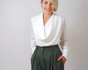 Elegant Off-White Draped Blouse – Feminine Fit & Flare Business Shirt, Workwear Top with Covered Button Cuffs, Office Chic Blouse for Women